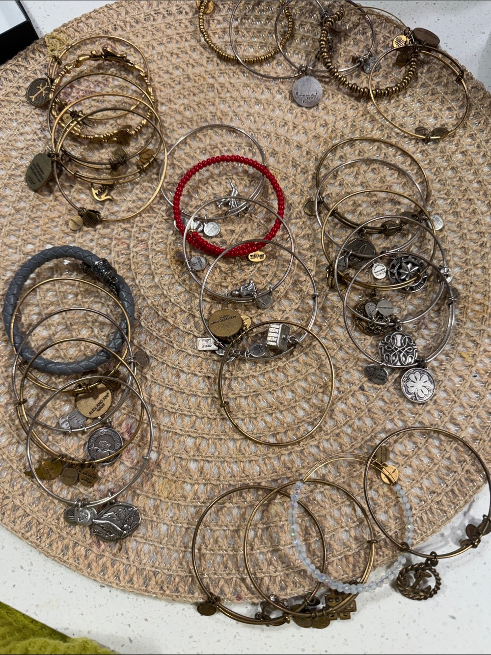 Alex and Ani Mixed Metal Stackable Charm Bangles with Red Accent